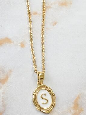 Initial "S" Enamel Medallion Necklace 18K Gold